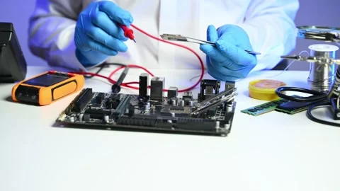 Closeup of gloved hands testing a CPU chip using multimeter. Ideal for tech.. Stock Footage 312773810