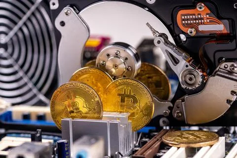 Closeup of gold bitcoin on computer components background, technology and dig Stock Photos