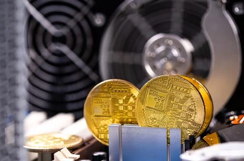Closeup of gold bitcoin on computer components background, technology and dig Stock Photos