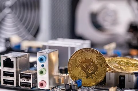 Closeup of gold bitcoin on computer components background, technology and d.. 写真素材