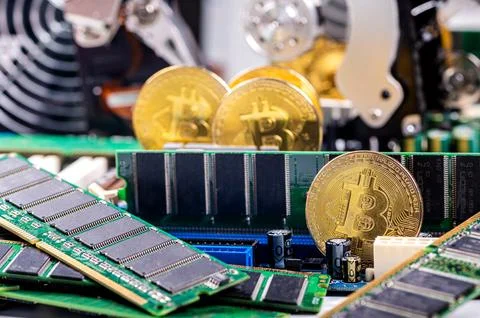 Closeup of gold bitcoin on computer components background, technology and d.. 写真素材