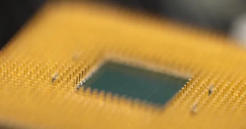 Closeup of golden microprocessor computer parts 4k movie slow motion Stock Footage 257061403