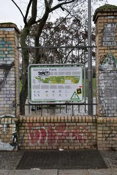 Closeup of Gorlitzer Park map mounted on the fence in Berlin, Germany Fotos de archivo