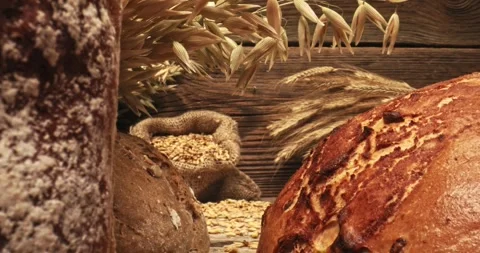 Closeup of grains in bag and breads. Parallax effect. Stock-Footage 261146885