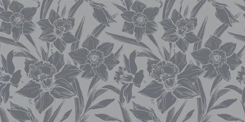 Closeup gray daffodil hand drawn seamless pattern on grey background. Stock Illustration