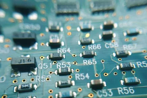 Closeup green computer PCB board. Macro picture of green printed circuit boar Stock Photos