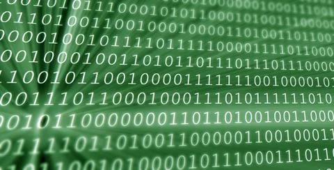 A closeup of green digital binary data digits and streaming binary code backg 写真素材