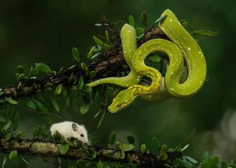 Closeup of a Green Tree Python on a tree near a white Mouse Foto stock
