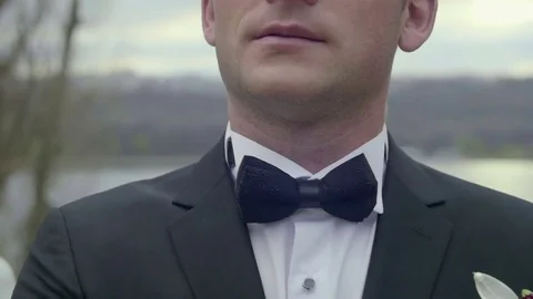 Closeup of groom's suit and bow tie Stock Footage 70337273