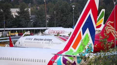 Closeup of grounded Boeing 737 MAX of Shenzhen Airlines and Ethiopian. Stock-Footage 139020658