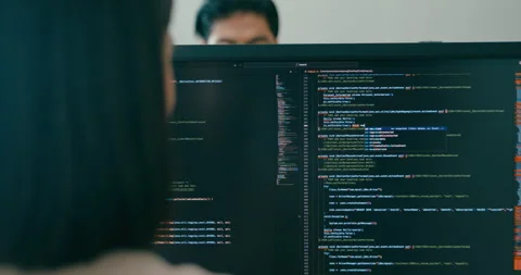 Closeup Group Asia freelance write prompt AI bot app terminal coding in office. Stock Footage 312183989