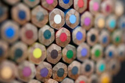 Closeup with a group of colored pencils, selected focus, red Foto stock
