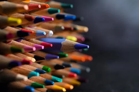 Closeup with a group of colored pencils, selected focus, blue Foto stock