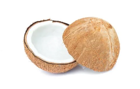 Closeup half of brown coconut shell on white background Stock Photos
