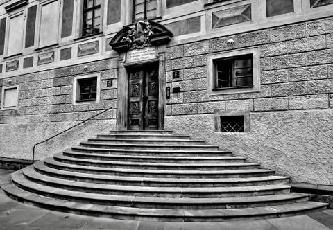 Closeup of a half circle steps of a historic building in black and white Foto stock