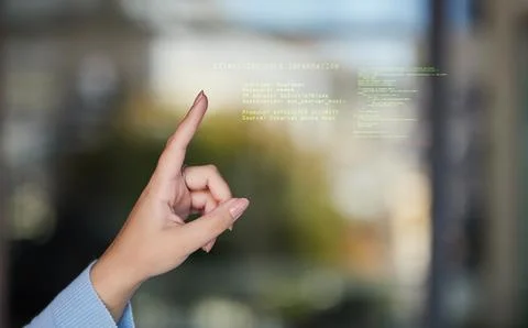 Closeup, hand and finger with code, hologram and programming for futuristic Foto stock