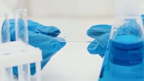 Closeup of a hand in blue rubber gloves of a large research lab Stock Footage 128233959
