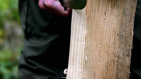 Closeup of hand carving fire starter tinder from wooden log Stock Footage 220085585