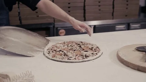 Closeup hand of chef baker in blue uniform making pizza to oven for food Stock-Footage 72396492