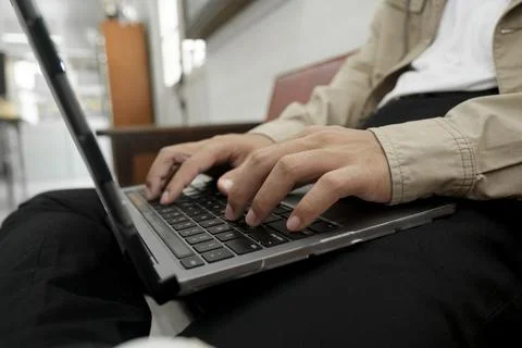 Closeup hand coding programing computer software. Stock Photos