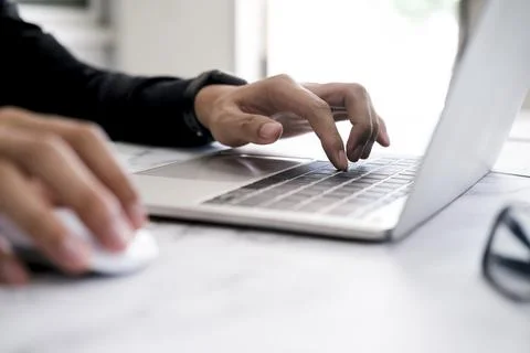 Closeup hand coding programing computer software. Stock Photos