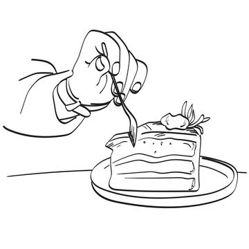 Closeup hand eating cake with fork illustration vector hand drawn isolated Stock Illustration