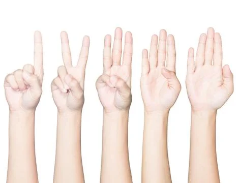 Closeup hand gesture count one to five isolated white clipping path inside Stock Photos