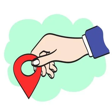 Closeup hand holding red location icon illustration vector hand drawn 库存插图