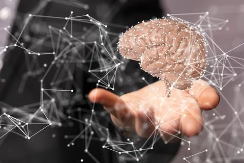 Closeup of the hand holding the virtual 3d model of the human brain. Stock Photos