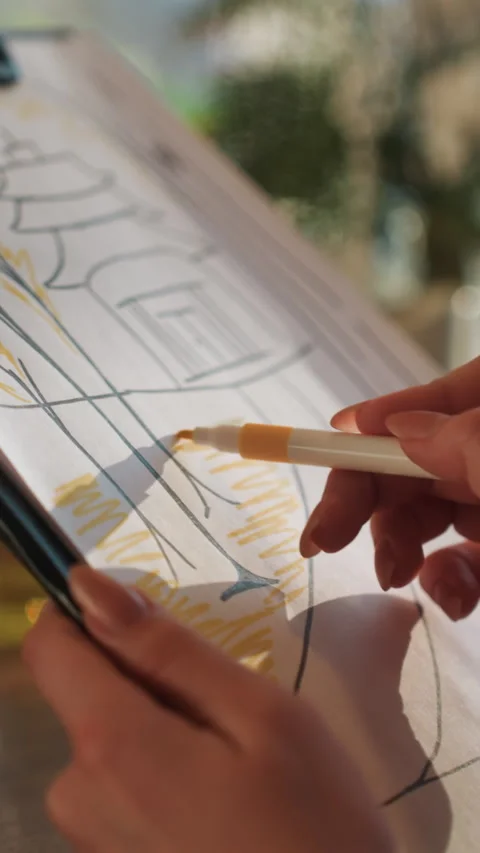 Closeup of hand illustrating architectural drawing. Focused hands highlight Stock Footage 335543439