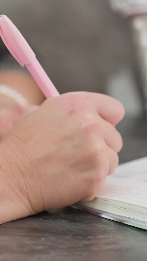 Closeup of hand with pink pen writing in notebook on dark textured background Stock Footage 344672168