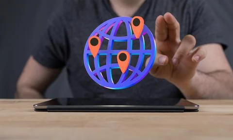 Closeup of the hand touching the 3d rendered model of the globe with red map Stock Photos