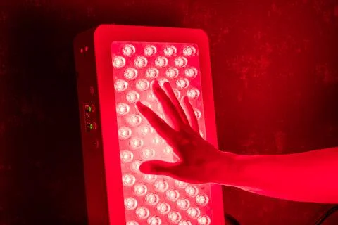 Closeup of hand touching Red Light Therapy Panel LEDs Stock Photos
