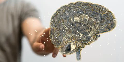 Closeup of the hand touching the virtual 3d model of the human brain. 스톡 사진