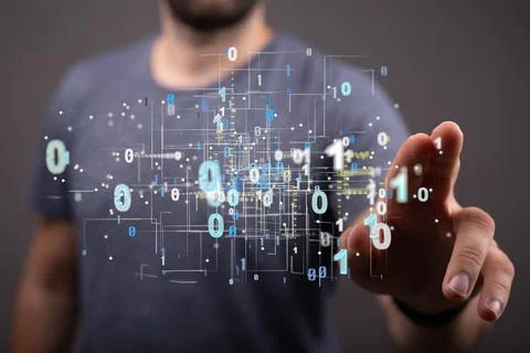 Closeup of the hand touching the virtual model of the web with binary numbers. Stock Photos