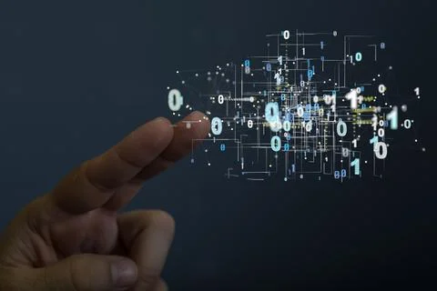 Closeup of the hand touching the virtual model of the web with binary numbers. Stock Photos