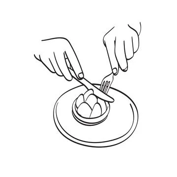 Closeup hand using fork and knife to cut cake illustration vector hand drawn Stock Illustration