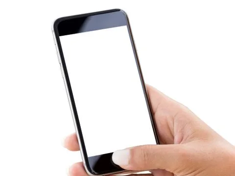 Closeup hand using phone isolated on white clipping patch inside Stock Photos