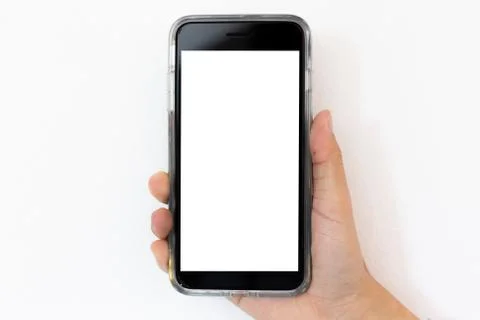 Closeup hand using smart phone, young man using mobile phone with white scree Stock Photos