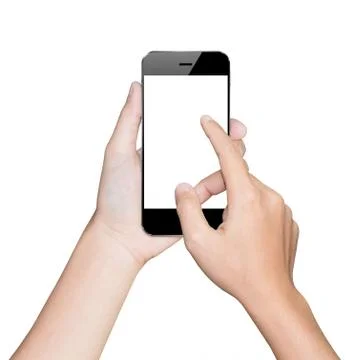 Closeup hand using smartphone white mobile clipping path inside Stock Photos