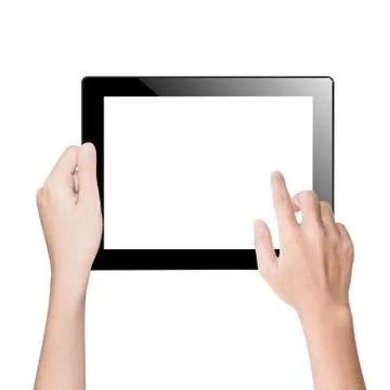 Closeup hand using tablet isolated white clipping path inside Stock Photos