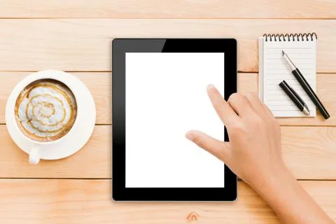 Closeup hand using tablet white screen display Foto stock