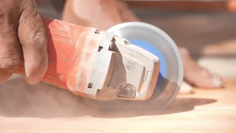 Closeup hand worker use cutting machine cut tile ceramic on slow motion video Vidéo 221601586