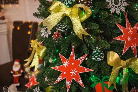 Closeup of handmade elements of cozy winter Xmas interior. Stockfoto's