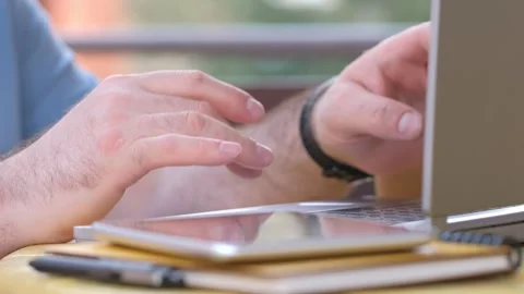 Closeup, hands and laptop for typing, update software and connection for email Stock-Footage 243045202