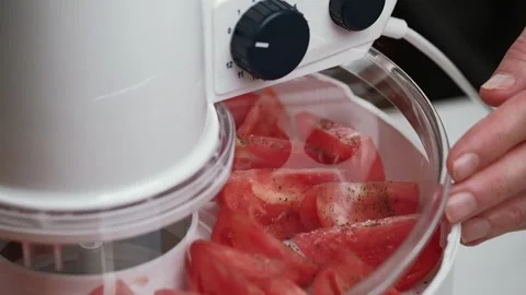 Closeup hands to close lid of an electric vegetable dryer with tomatoes. Stock Footage 255943151