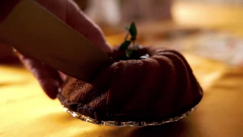 Closeup of hands cutting bundt cake, super slow motion Stock Footage 103815007