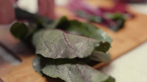 Closeup of hands cutting fresh beetroots on a cutting board.  Video stock 310205169