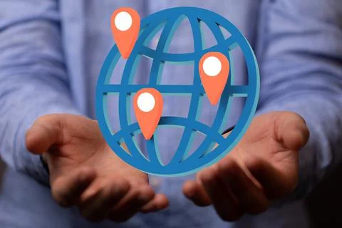 Closeup of the hands holding the 3d rendered model of the globe with red map Stock Photos