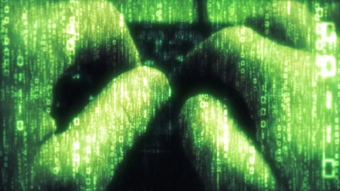 Closeup hands on keyboard computer programmer, binary cyber world Stock Footage 188884826